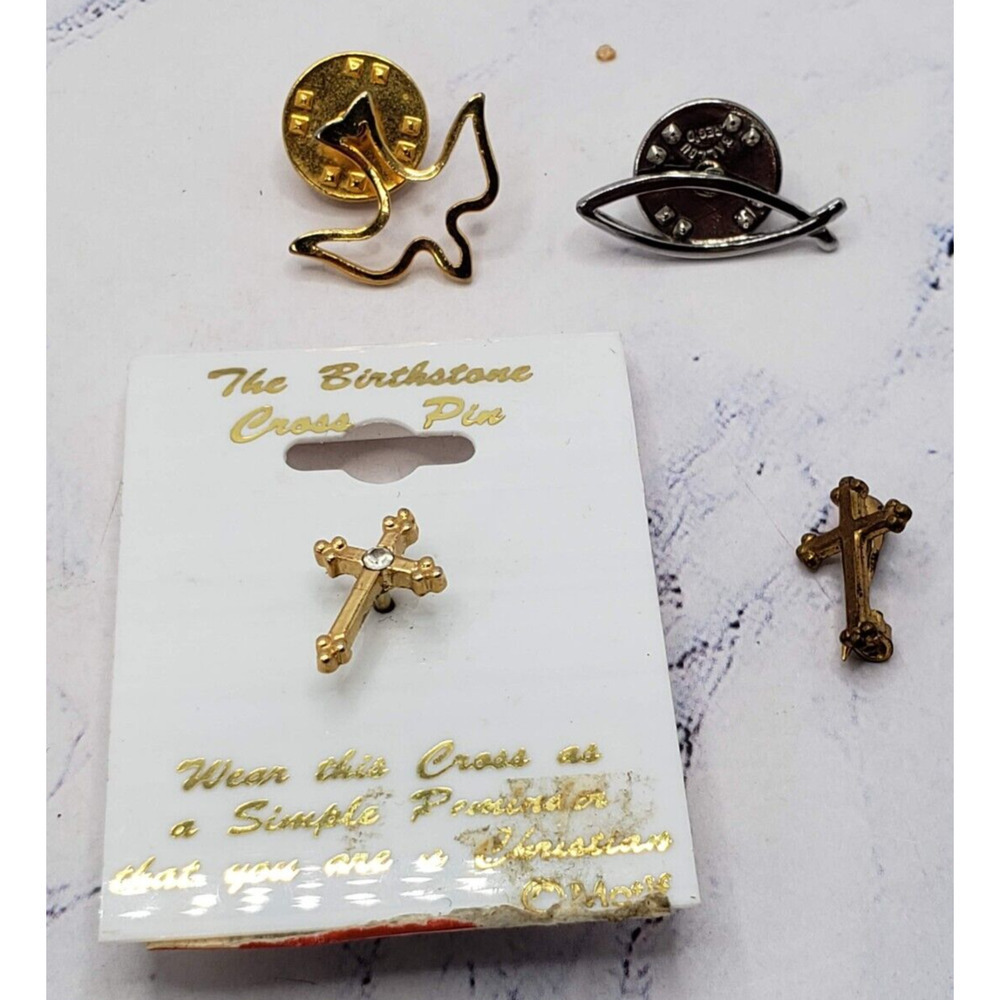 Religious Jewelry lot of 4 Pins Brooch's Cross Dove Fish
